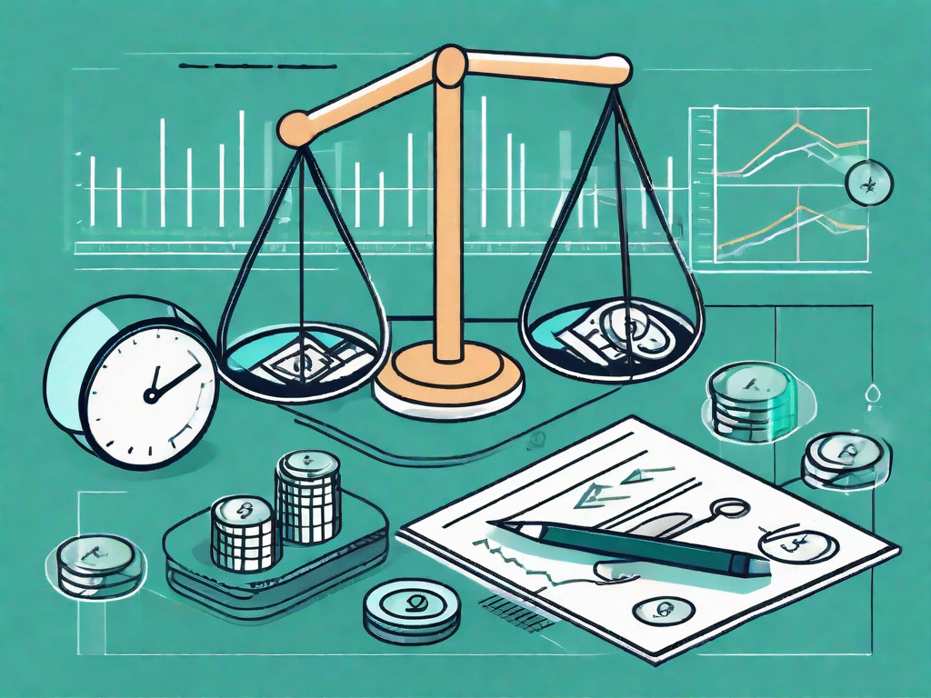 A balanced scale with various business-related symbols such as graphs