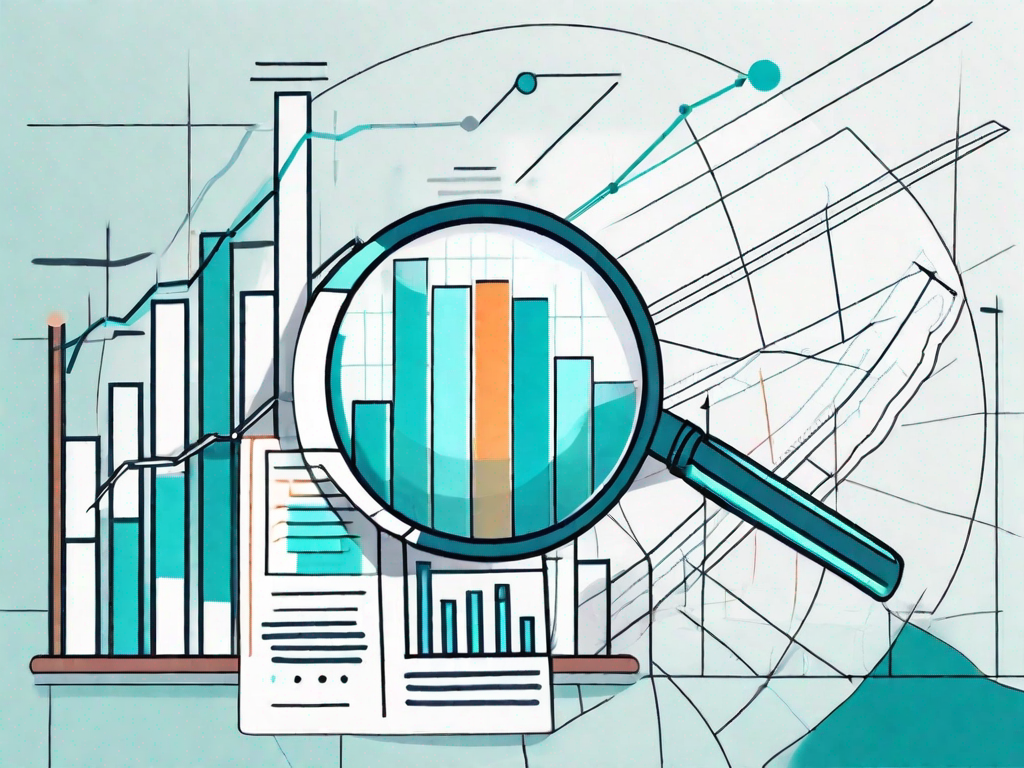 A magnifying glass focusing on a pie chart and bar graph