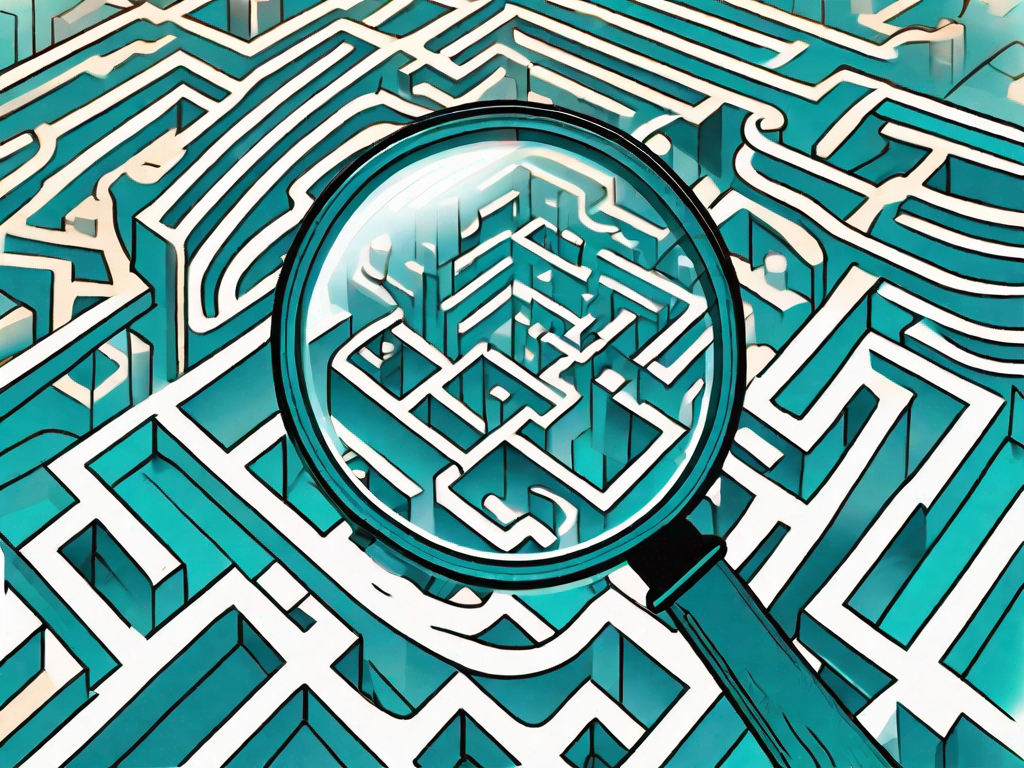 A magnifying glass hovering over a complex maze-like structure