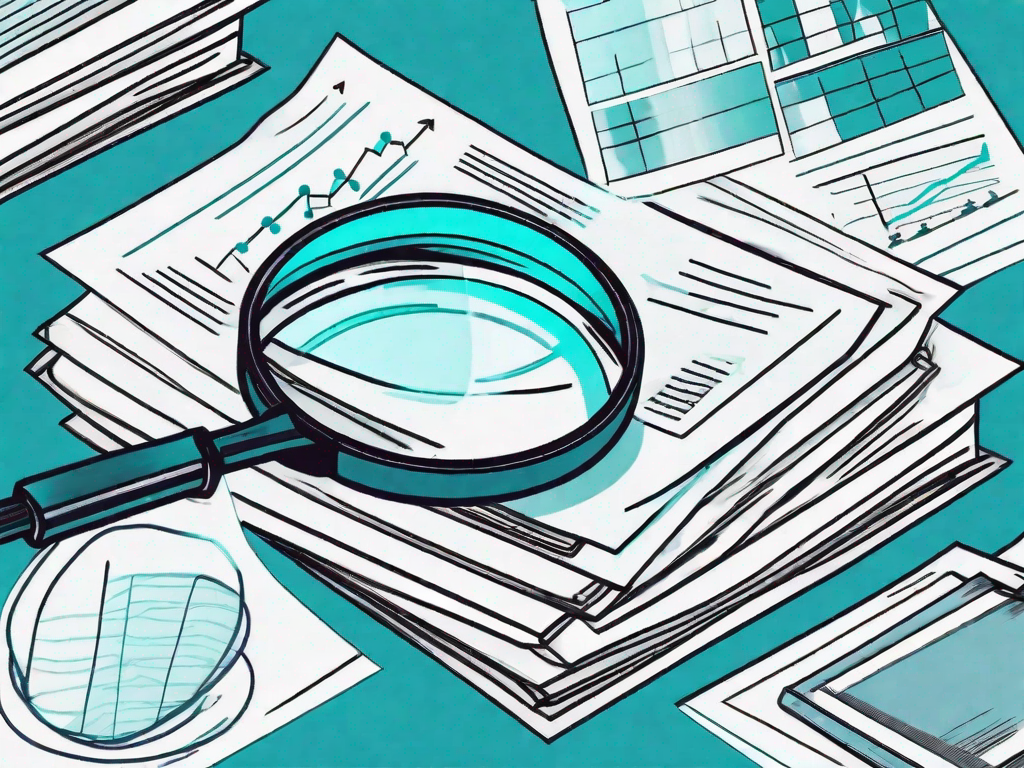 A magnifying glass hovering over a pile of documents and charts