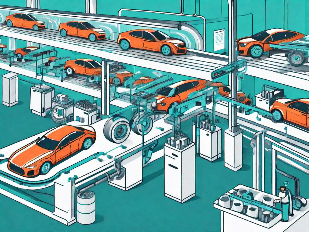 An automotive assembly line with various car parts moving along conveyors