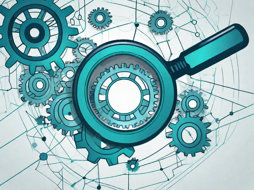 A magnifying glass hovering over a complex network of interconnected gears that symbolize different aspects of a business