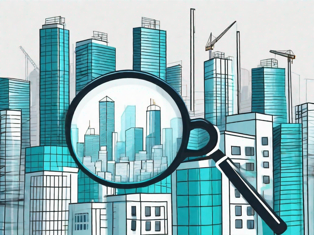 A city skyline with highlighted buildings under construction and a magnifying glass hovering over it