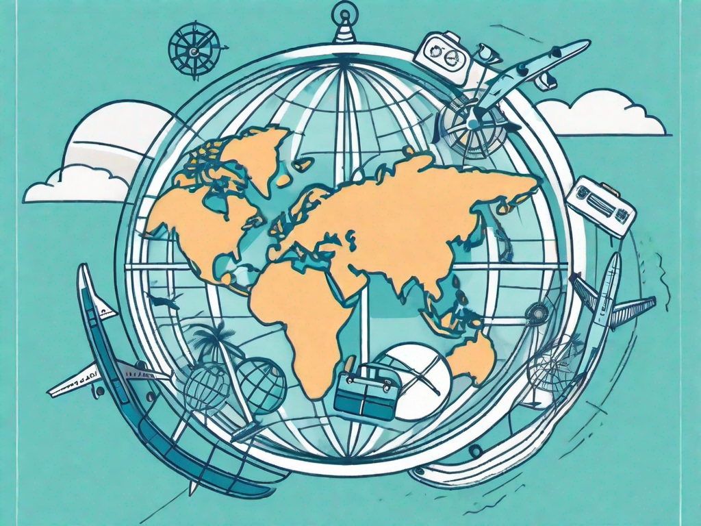 A globe with various travel-related symbols (like an airplane