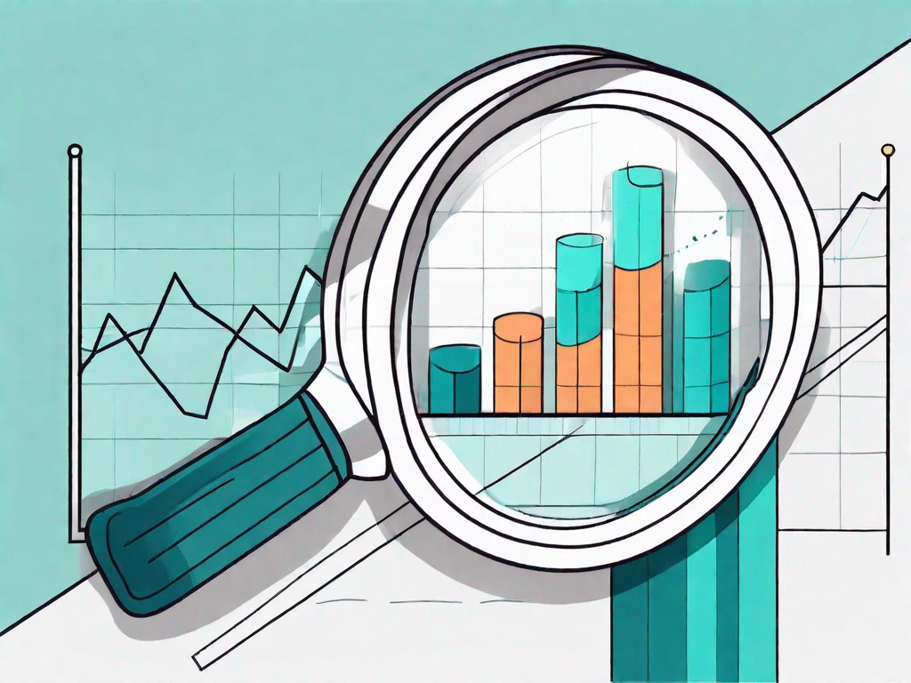 A magnifying glass hovering over a pie chart and a bar graph