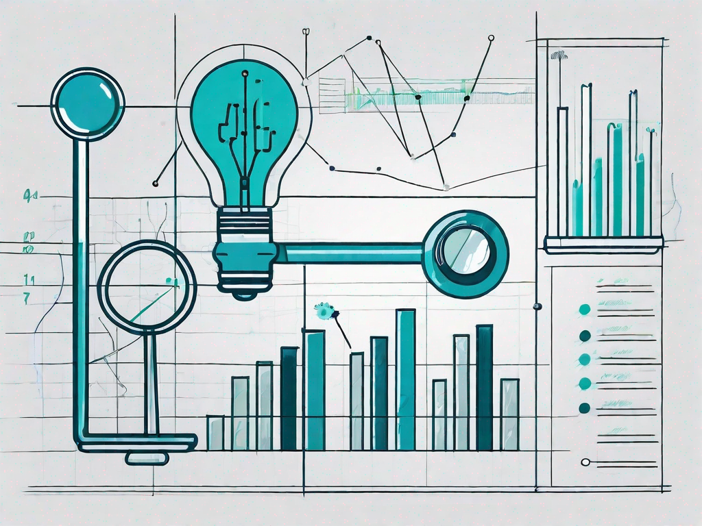 An architectural blueprint with various marketing tools like a magnifying glass