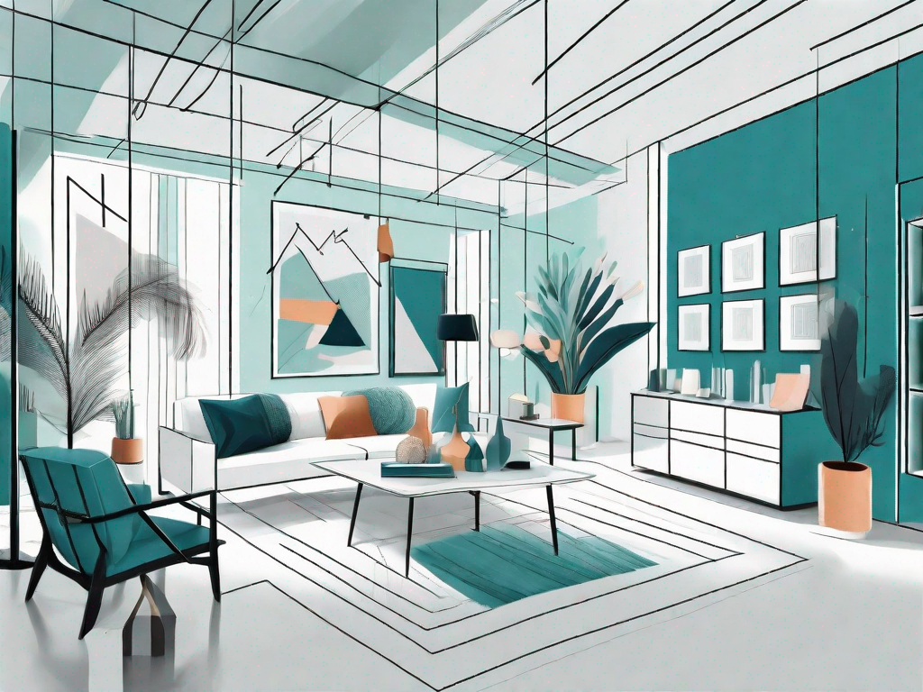 A stylish interior design studio with various design elements like color palettes