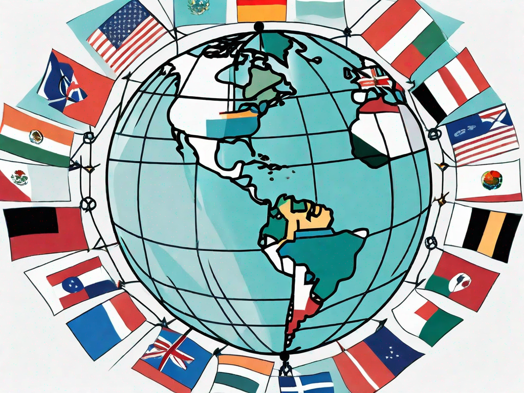 A globe with various international flags connected by arrows