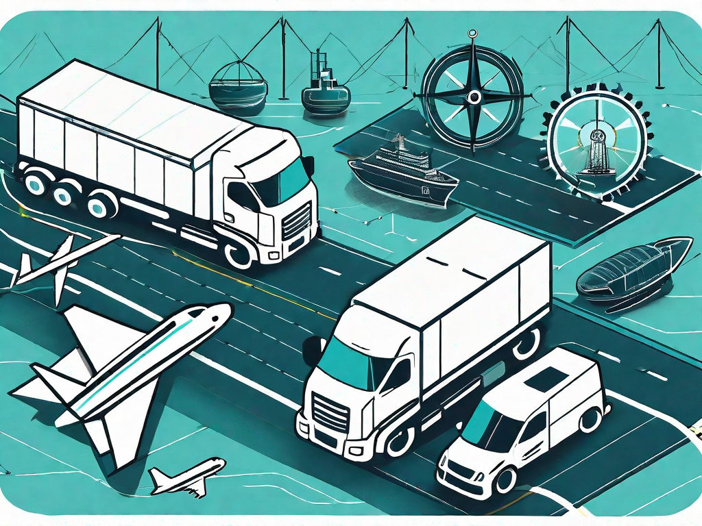 A transportation and logistics hub with various modes of transport like trucks