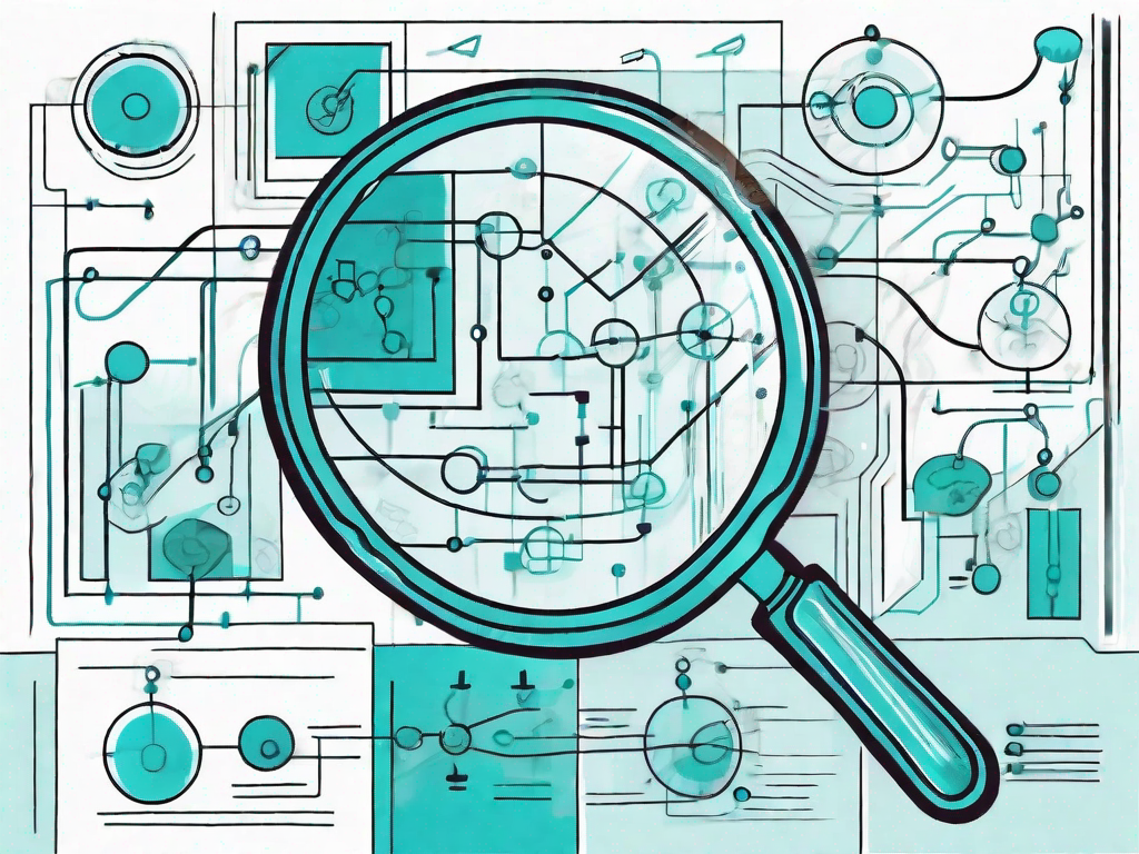 A magnifying glass hovering over a complex flowchart symbolizing business processes and analysis