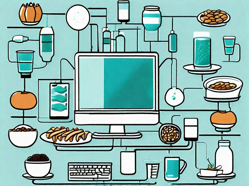 Various food and beverage items connected by data lines to a computer