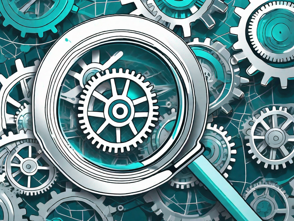 A magnifying glass hovering over a complex network of interconnected gears symbolizing a business enterprise