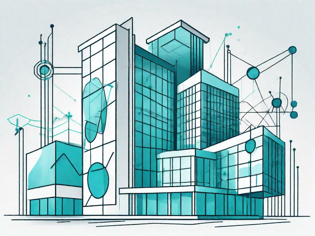 A structured corporate building interconnected with various abstract symbols representing business analysis tools like charts