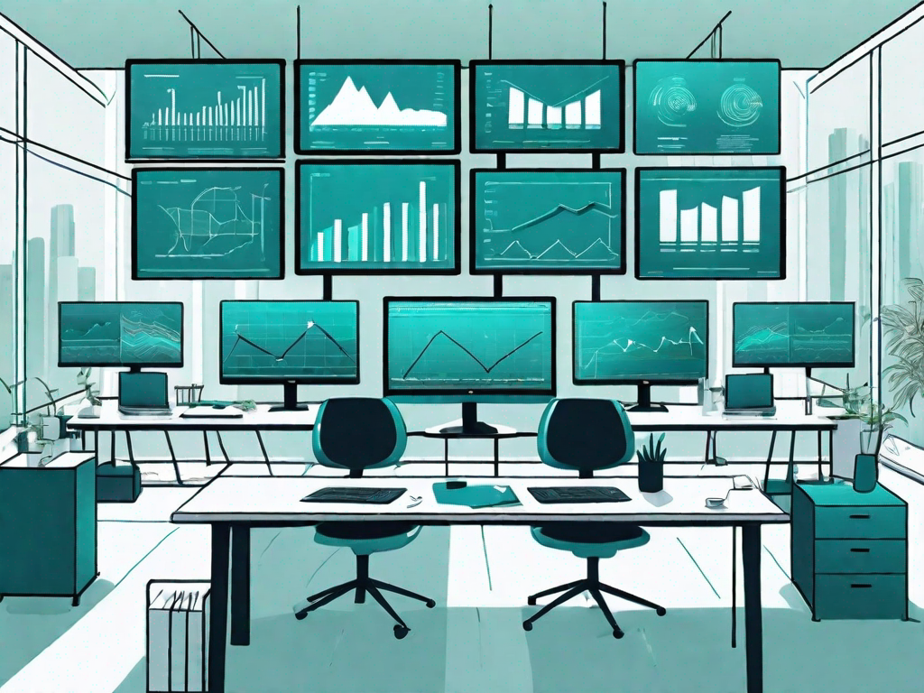 A b2c company's office space filled with computer screens displaying various types of data analysis graphs and charts