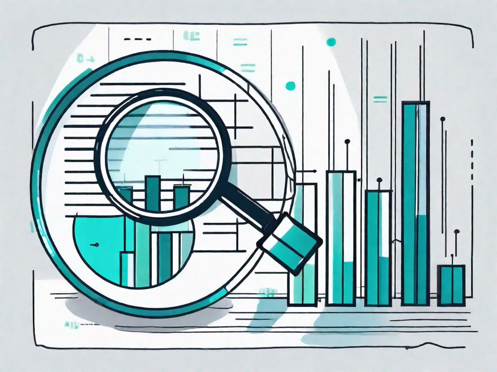 A magnifying glass hovering over a pie chart and a bar graph