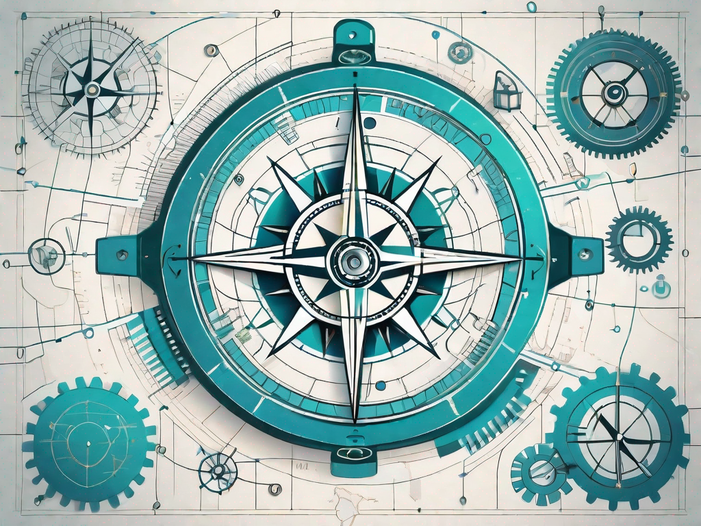 A compass surrounded by various technological symbols such as gears