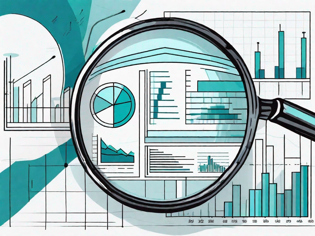 A magnifying glass focusing on a pie chart and bar graph to symbolize the detailed examination in business analysis