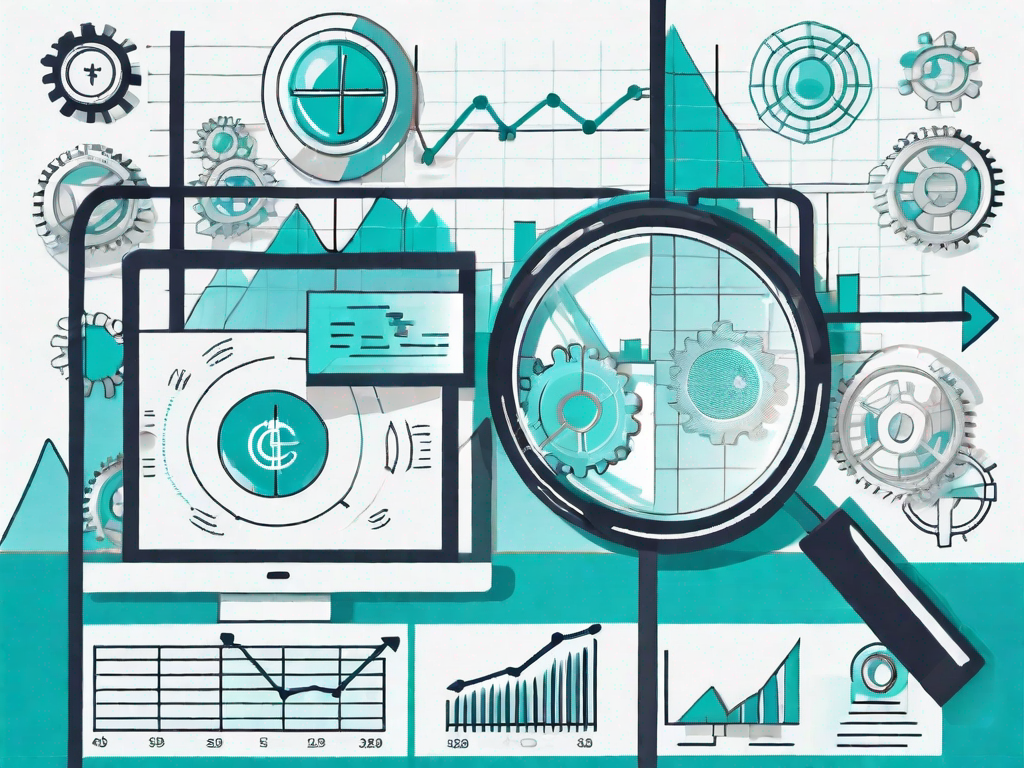 A magnifying glass hovering over a graph chart and various business-related icons such as currency symbols