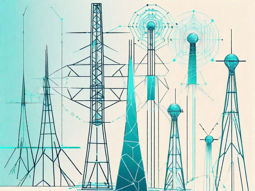 Various telecommunication towers and devices interconnected with futuristic ai elements like neural networks and algorithmic patterns