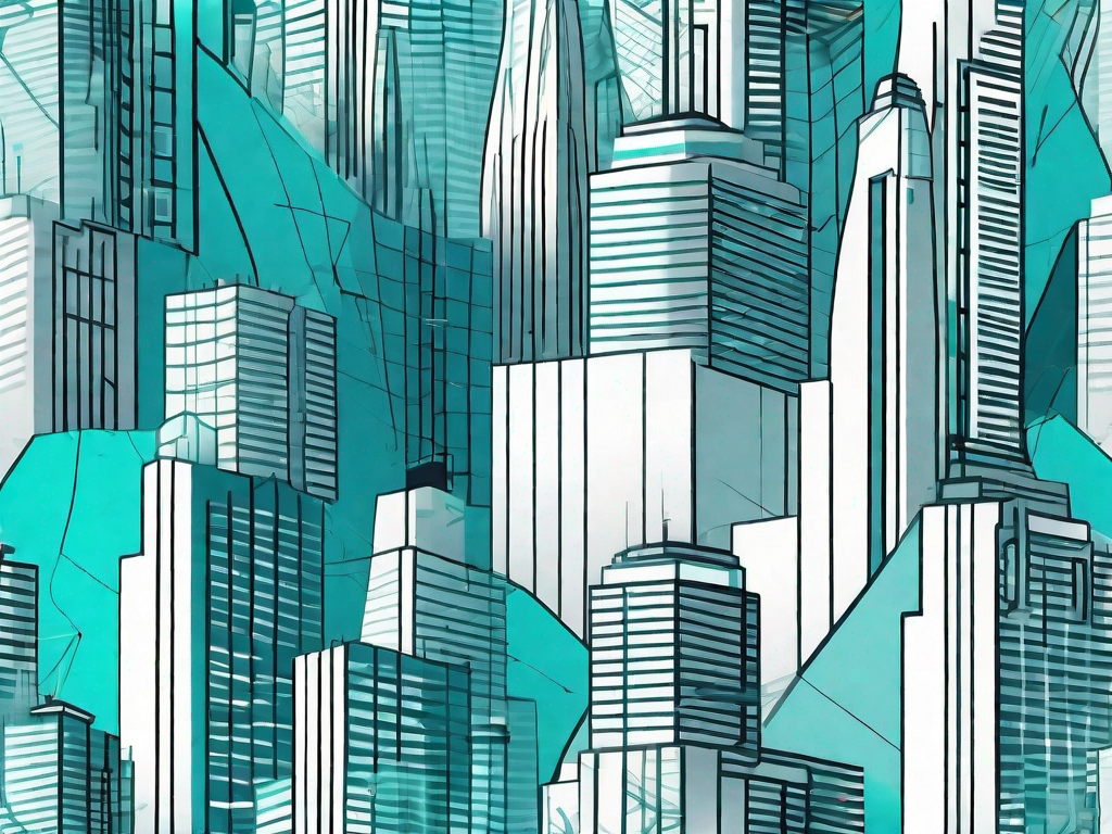 A futuristic cityscape with various b2b companies represented as skyscrapers