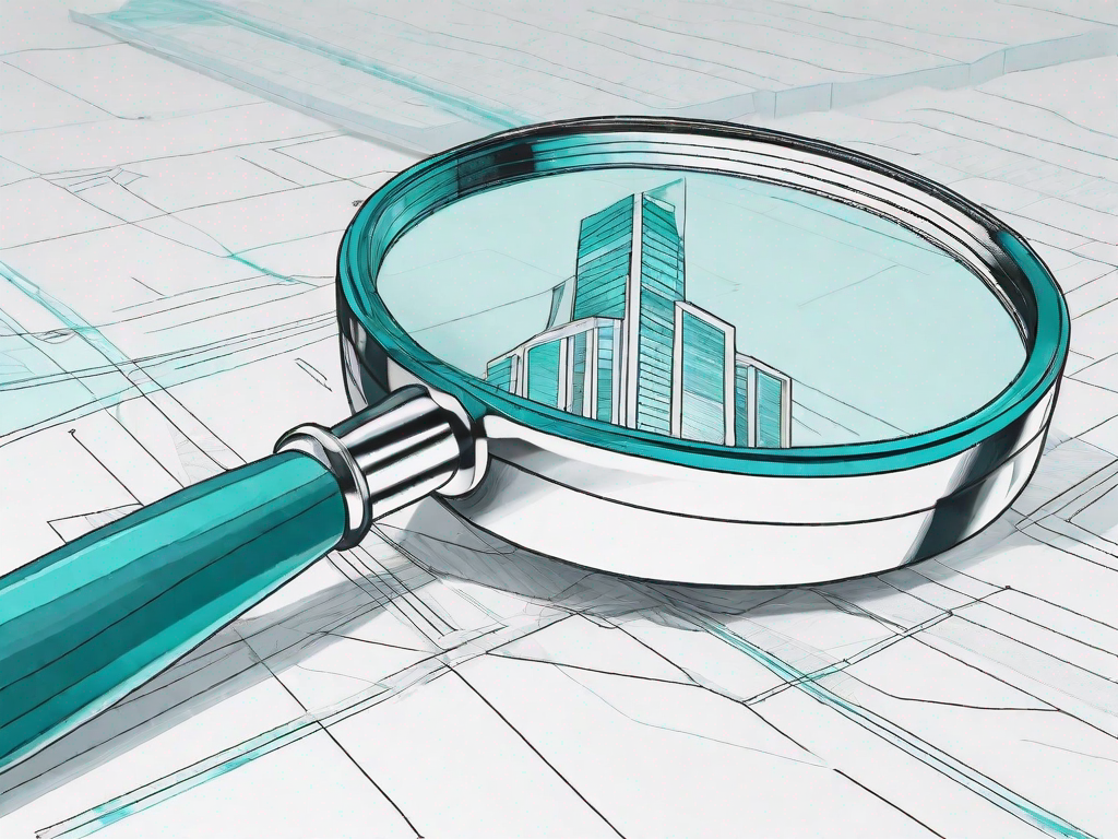 A magnifying glass over a 3d model of a business structure