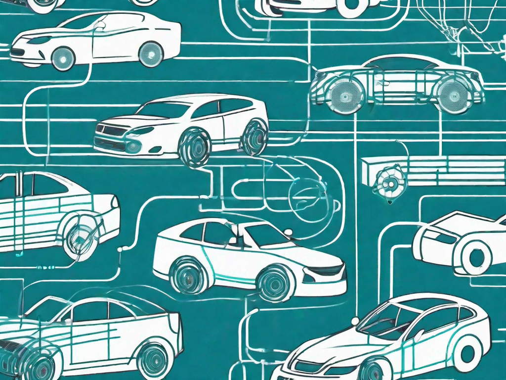 Various automotive parts interconnected through a network of lines and symbols