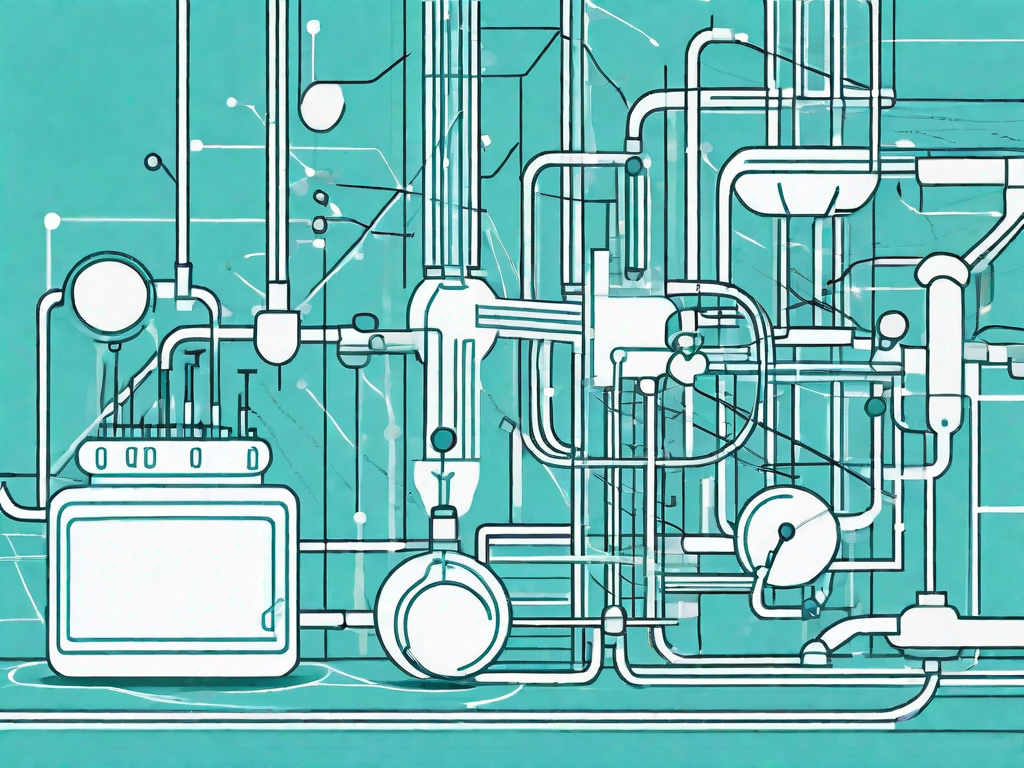 Various pharmaceutical equipment and structures interconnected by a network of lines