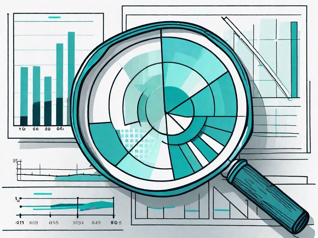 A magnifying glass hovering over a pie chart and bar graphs representing business data analysis