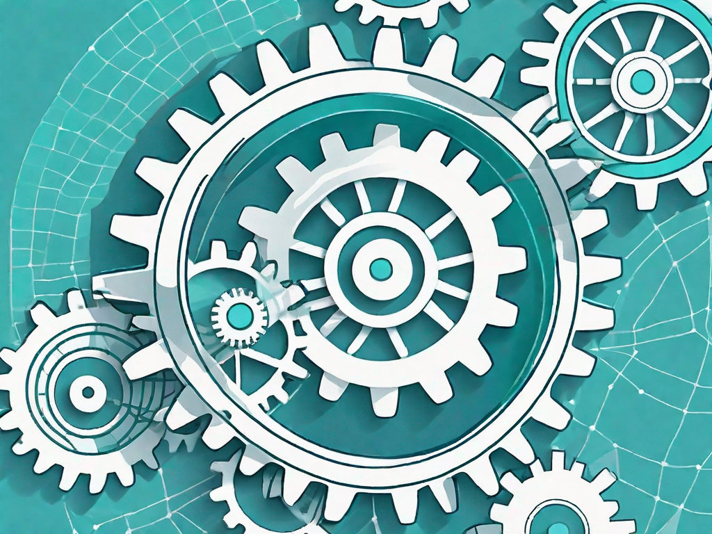 A magnifying glass examining a series of interconnected gears