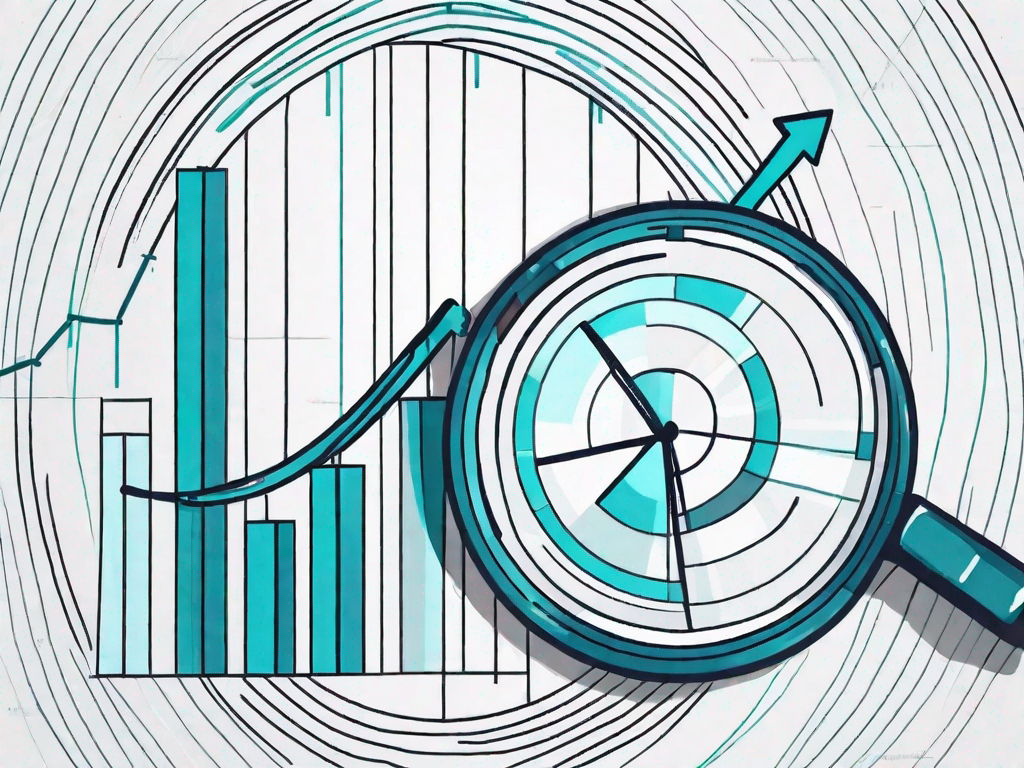 A magnifying glass hovering over a pie chart and bar graph