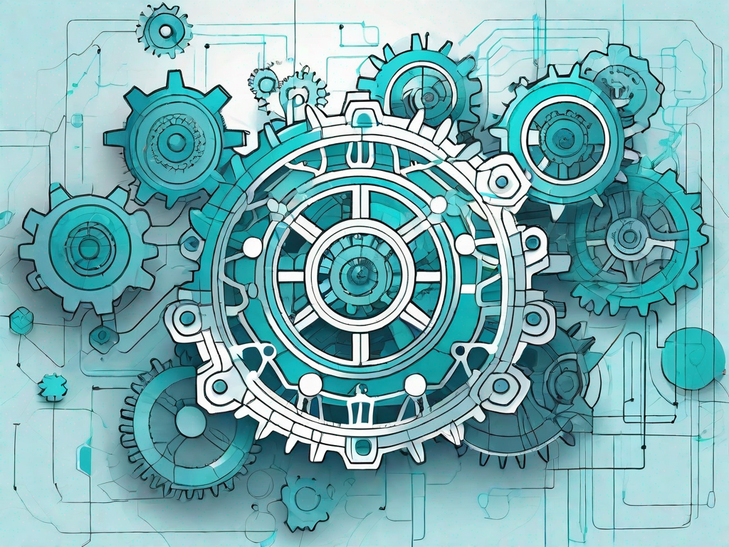 A complex business structure with various interconnected gears and cogs