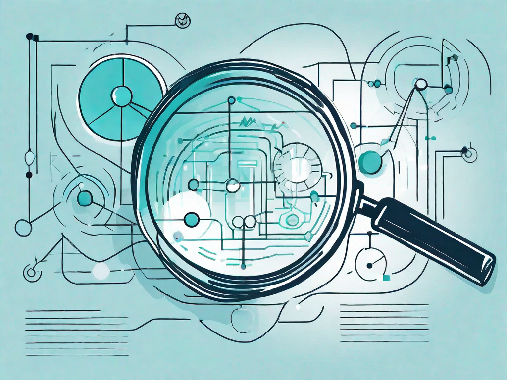 A magnifying glass hovering over a complex flowchart