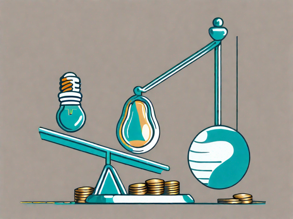 A scale balancing a light bulb (representing innovation) and a coin (representing cost)