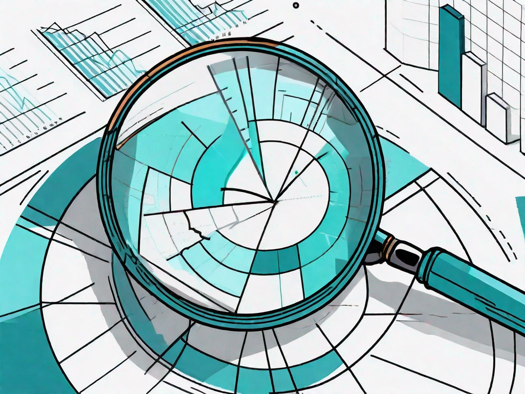 A magnifying glass hovering over a pie chart and a bar graph