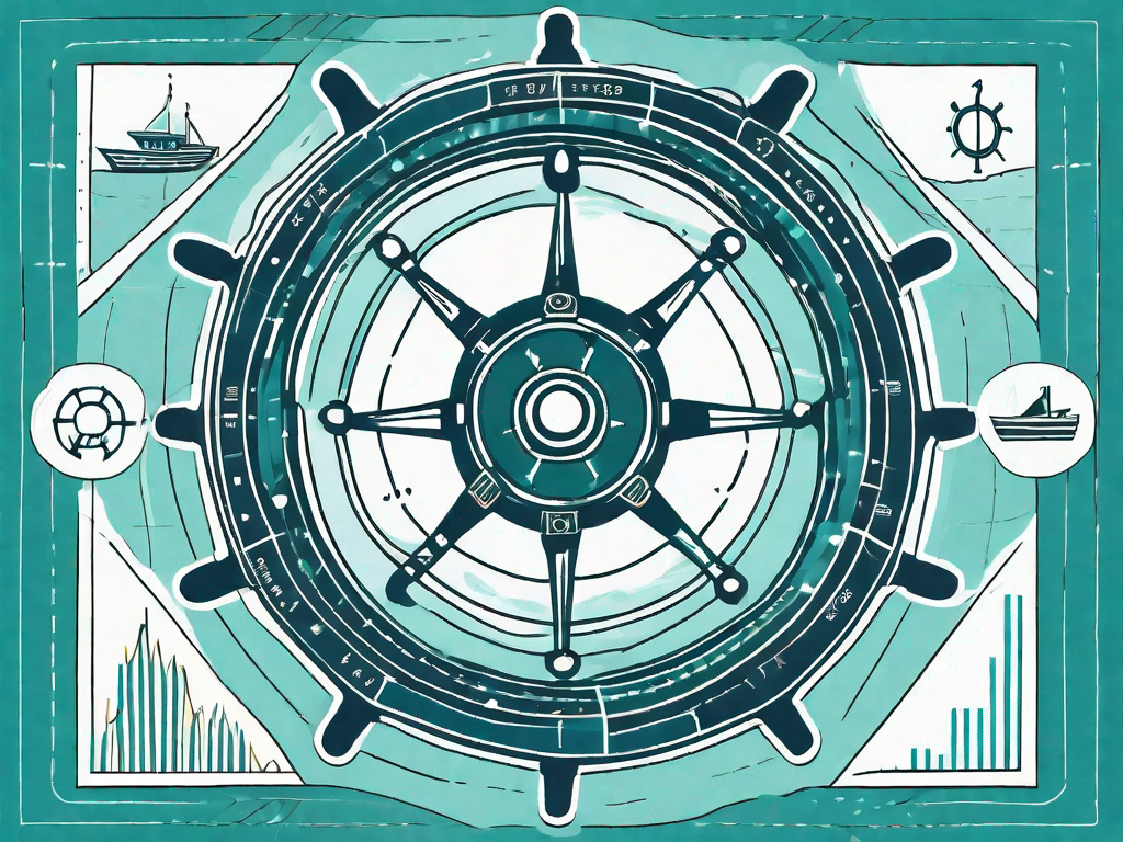 A ship steering wheel integrated with financial symbols like dollar signs and graphs