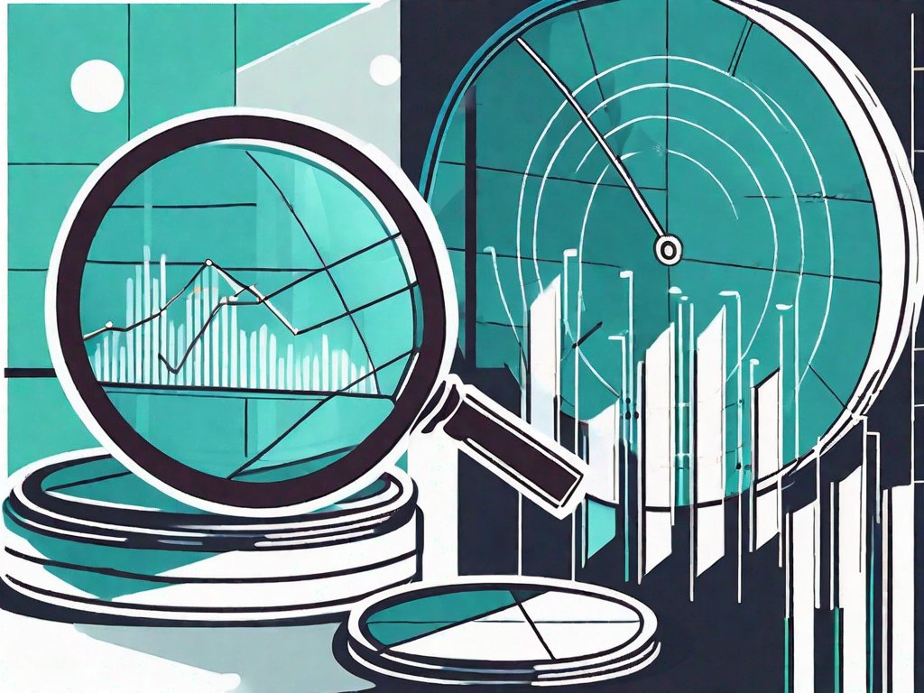 A magnifying glass hovering over a pie chart and bar graph