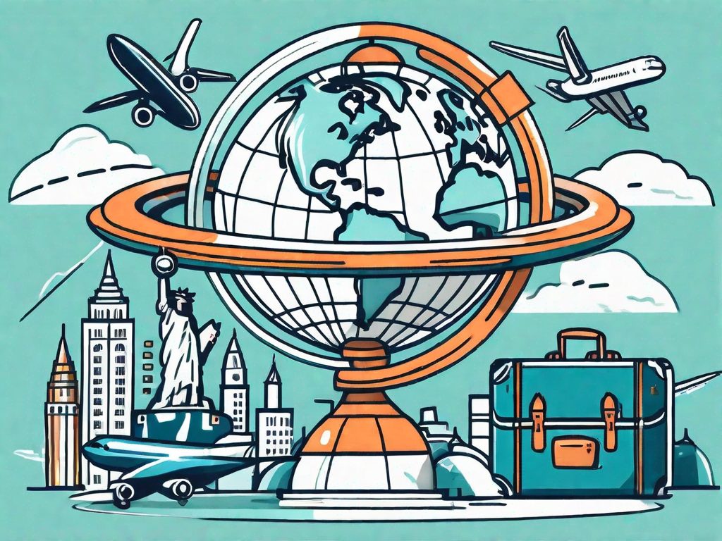 A globe surrounded by various travel-related symbols such as airplanes