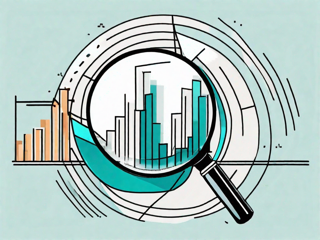 A magnifying glass examining a pie chart and bar graph to symbolize the analysis of business data