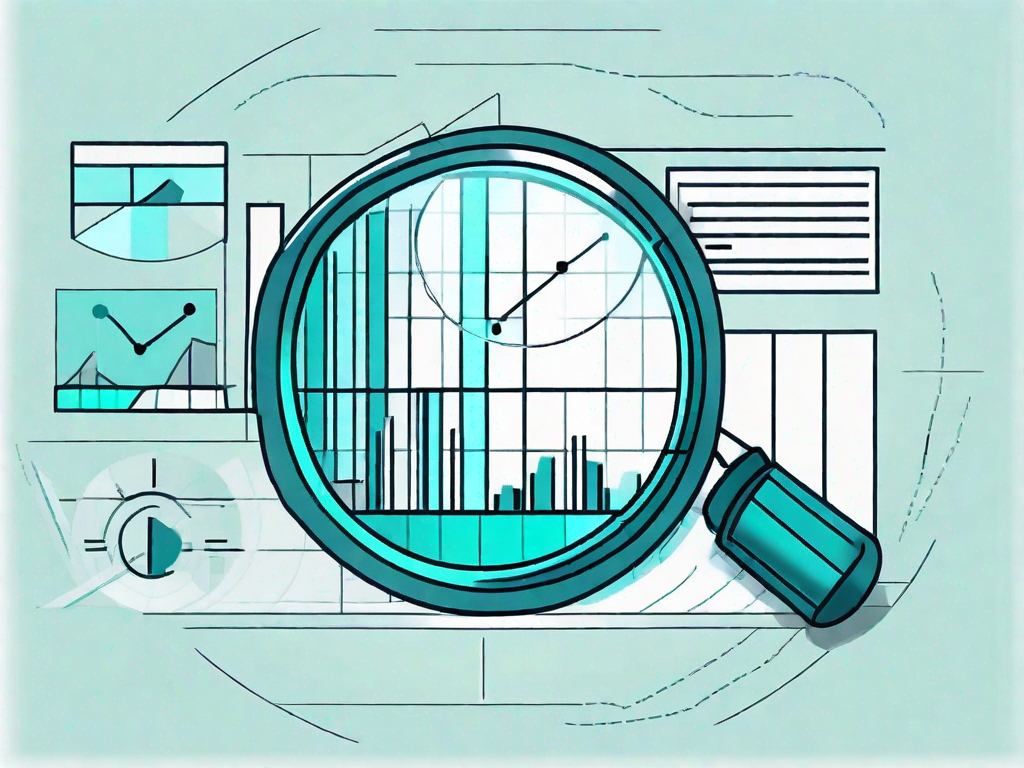 A magnifying glass focusing on a pie chart and bar graph