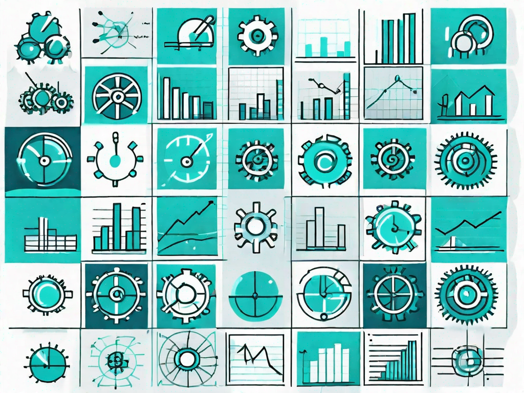 A matrix grid with various business-related icons like graphs