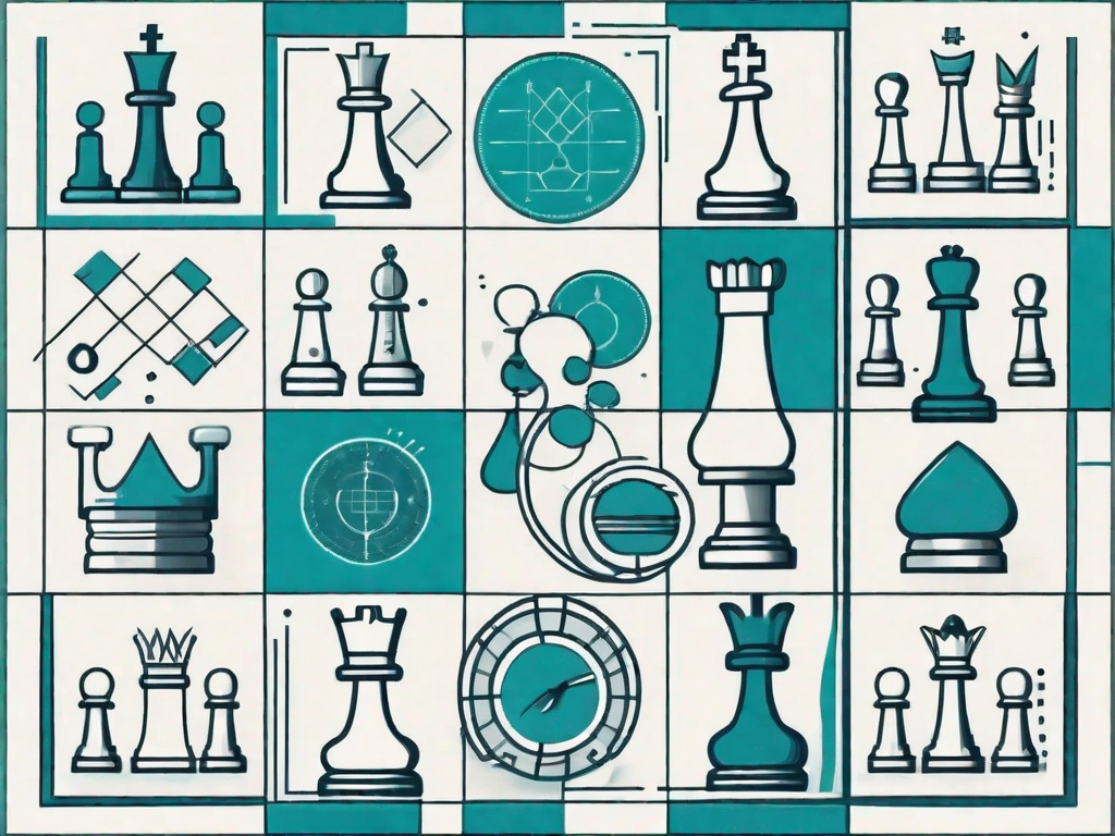 A chessboard with various business-related icons as pieces