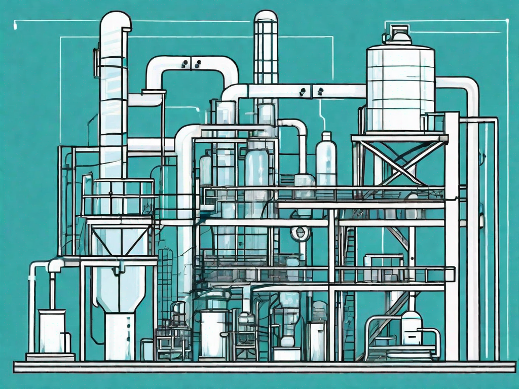 A manufacturing plant with various sections representing stages of business analysis such as data collection