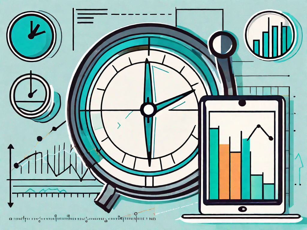 Various business tools such as a magnifying glass over a pie chart