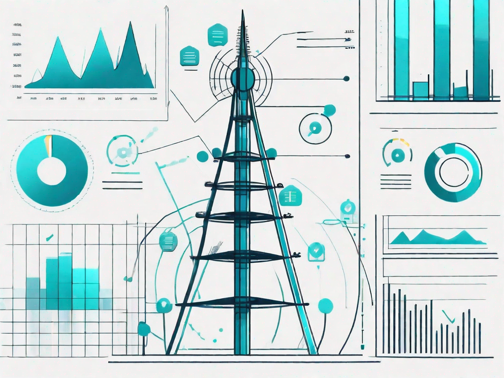 A telecommunications tower with various analytical icons like graphs and pie charts floating around it