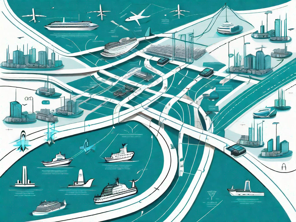 A complex map with various transportation routes and logistics networks