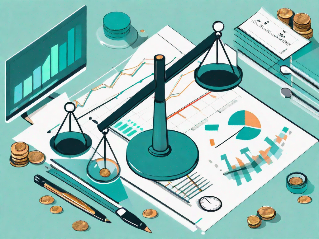 A balance scale with a pile of coins on one side and business analysis tools like charts