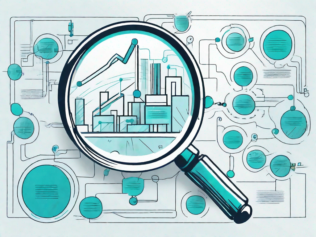 A magnifying glass hovering over a complex flowchart representing various business processes