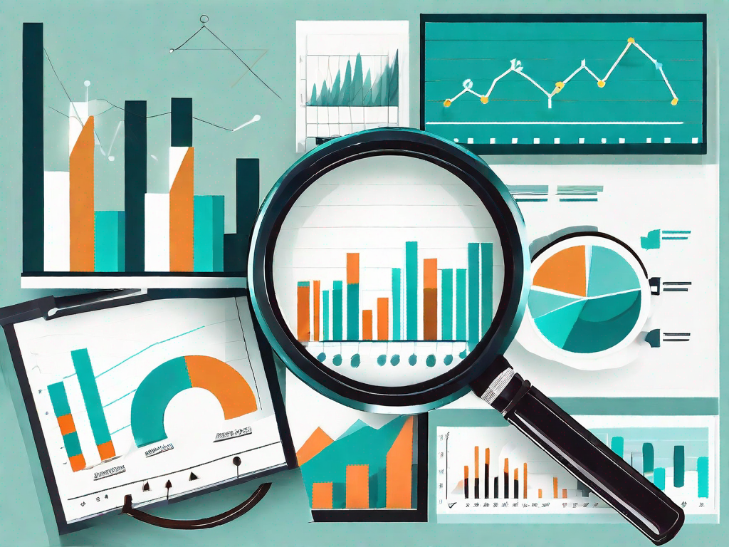 A magnifying glass focusing on a business chart with various analytical tools like graphs