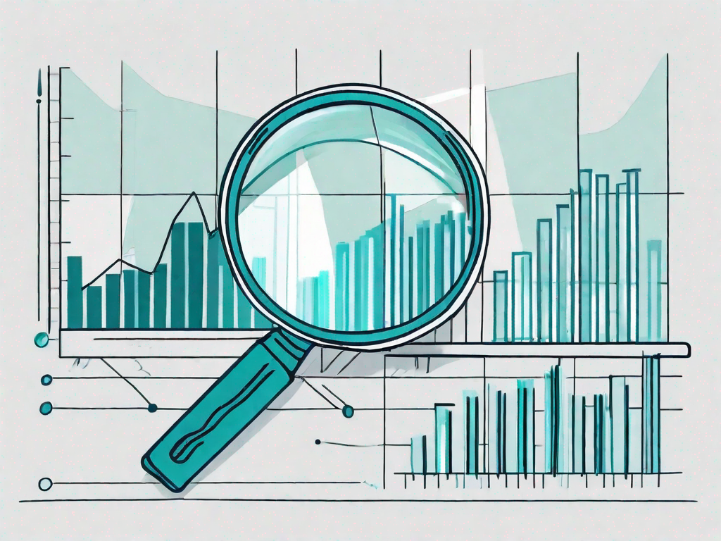 A magnifying glass hovering over a pie chart and bar graph to represent the process of business analysis