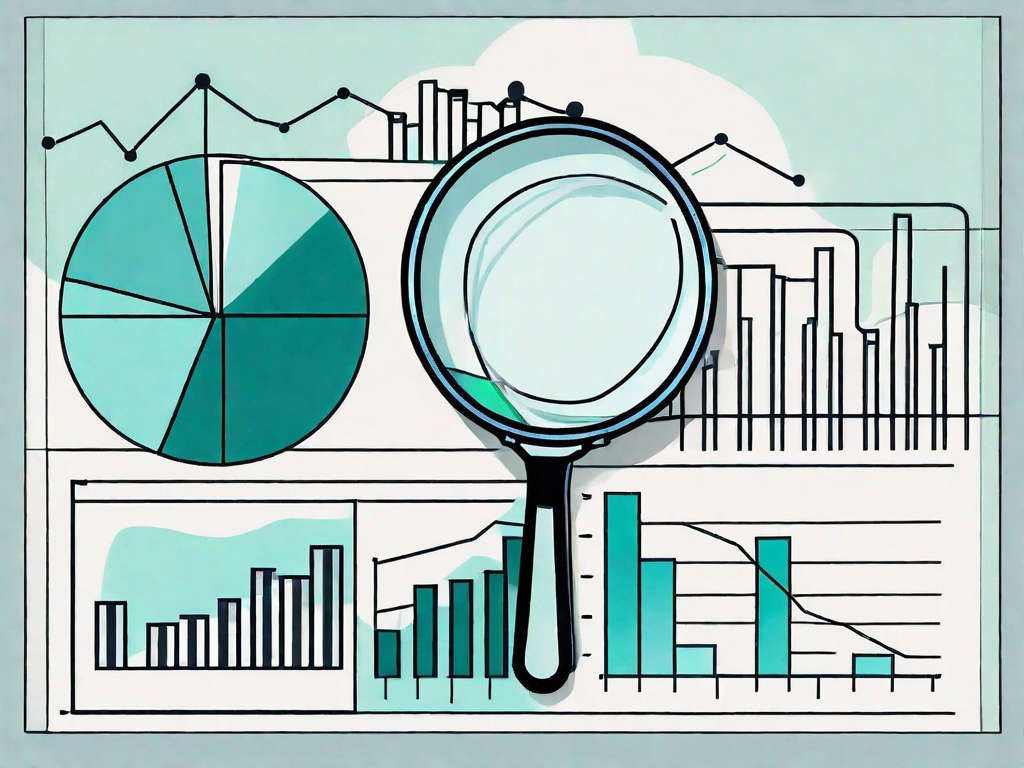 A magnifying glass hovering over a pie chart and bar graph